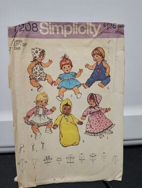 Simplicity 7208 Vintage Doll Clothes Dress Sewing Patterns Vtg Paper 1970s